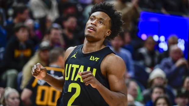 Dec 31, 2022; Salt Lake City, Utah, USA; Utah Jazz guard Collin Sexton (2) runs down court against the Miami Heat during the second half at Vivint Arena.